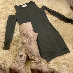 Green cold shoulder sweater dress